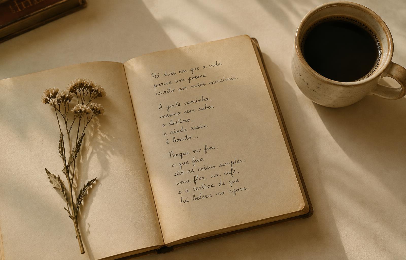 Caderno aberto com poema escrito à mão, flor seca e xícara de café